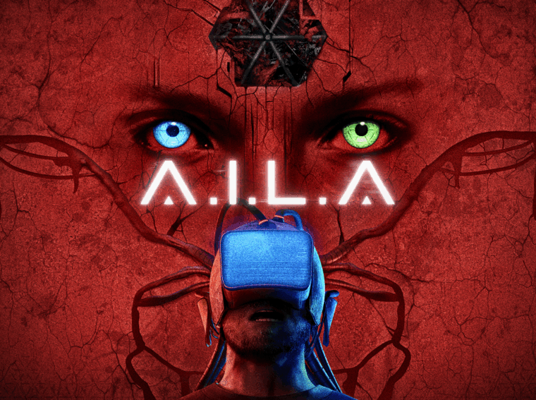 Arte de capa de A.I.L.A, jogo de terror psíquico do estúdio brasileiro Pulsatrix Studios, com destaque para a entidade da inteligência artificial.