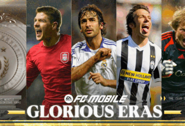 Screenshot promocional do EA SPORTS FC Mobile sobre o evento Eras Gloriosas, com destaque para a jogabilidade e itens históricos dos clubes europeus.