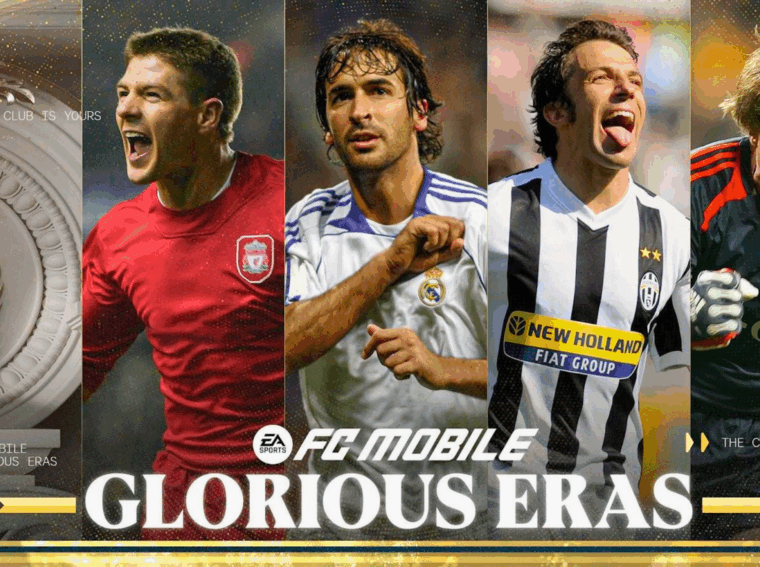 Screenshot promocional do EA SPORTS FC Mobile sobre o evento Eras Gloriosas, com destaque para a jogabilidade e itens históricos dos clubes europeus.