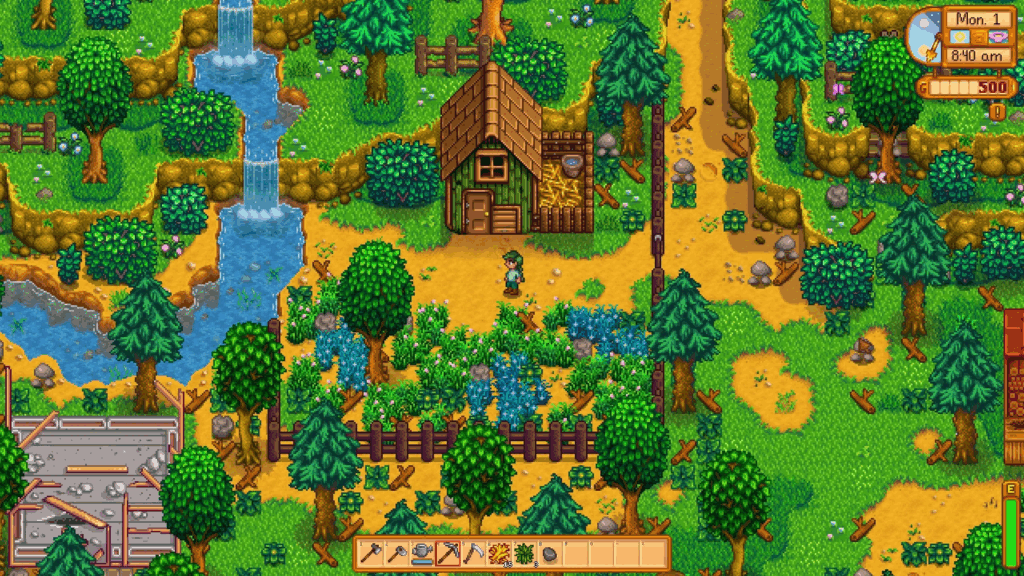 Arte do jogo Stardew Valley, ilustrando o personagem principal pronto para minerar ou pescar, as duas principais formas de obter ouro no Ano 1.