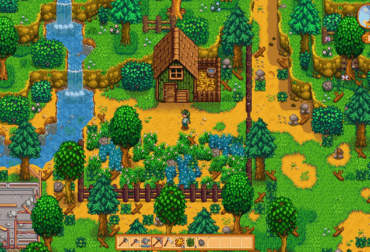 Arte do jogo Stardew Valley, ilustrando o personagem principal pronto para minerar ou pescar, as duas principais formas de obter ouro no Ano 1.