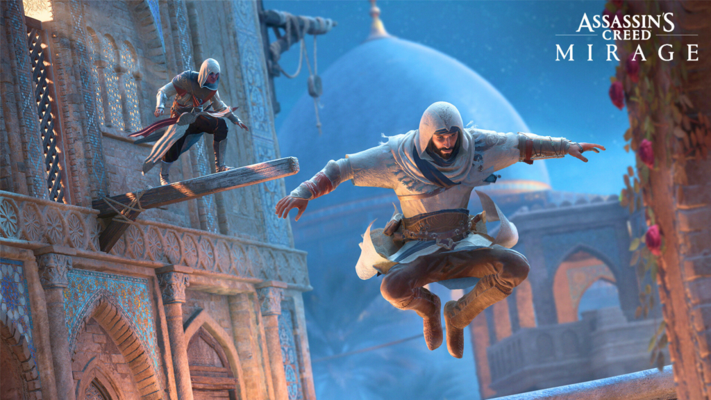 Basim, protagonista de Assassin's Creed Mirage, em posição de furtividade no topo de um telhado em Bagdá, pronto para executar um assassinato. Guia com 10 dicas essenciais.