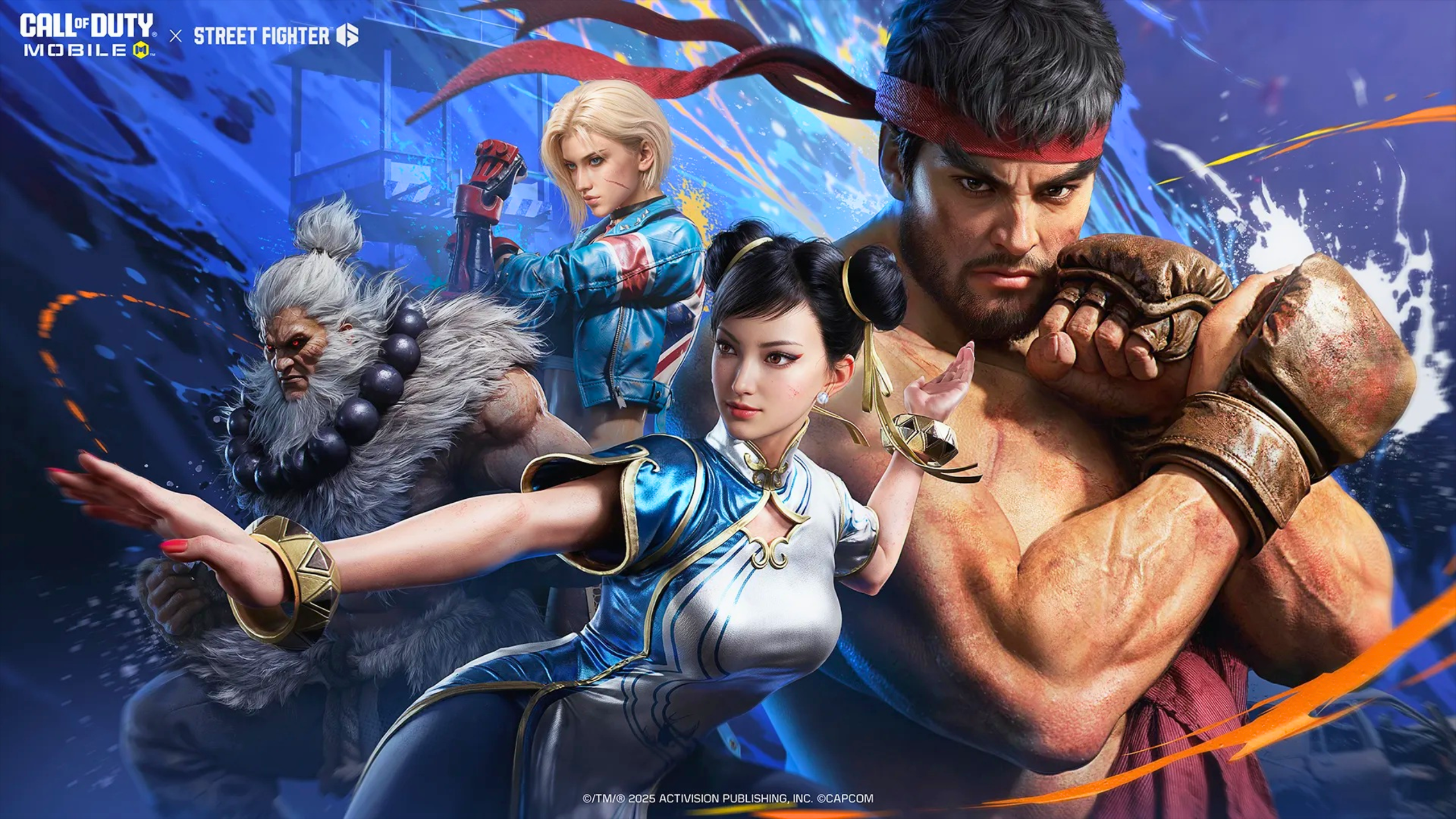 Arte promocional da Temporada 11 de Call of Duty Mobile exibindo os operadores com as novas skins de Ryu, Chun-Li e Akuma da colaboração com Street Fighter.