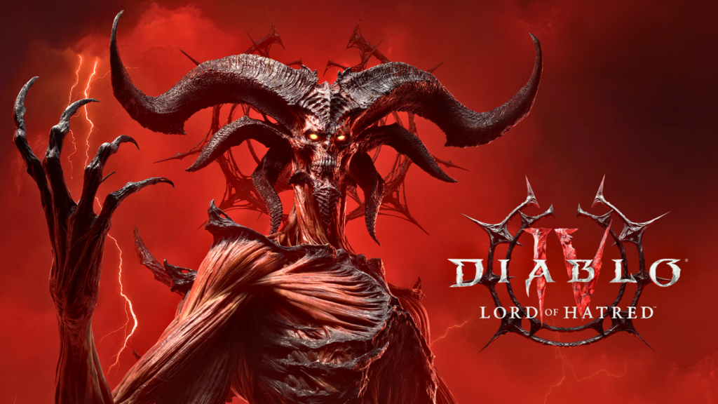 Arte promocional de Diablo IV: Lord of Hatred destacando o Paladino e o confronto iminente com Mefisto.