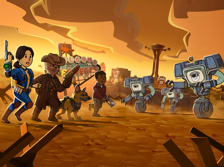 Arte promocional de Fallout Shelter mostrando os novos personagens Lucy, Maximus e o Necrótico, destacando a temporada Viva New Vegas e a ligação com a 2ª Temporada da série Fallout Amazon Prime.