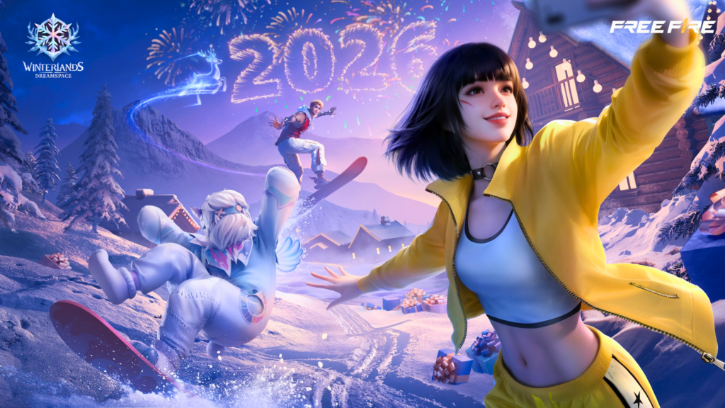 Arte promocional do evento Free Fire Fim de Ano Frifas: Terra dos Sonhos, destacando a paisagem nevada e o Sonhadouro.