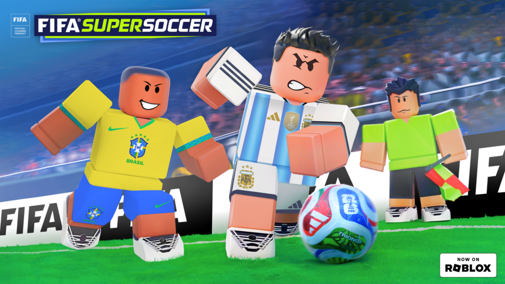 Avatar de jogador de futebol no FIFA Super Soccer dentro da plataforma Roblox com interface de partida oficial.