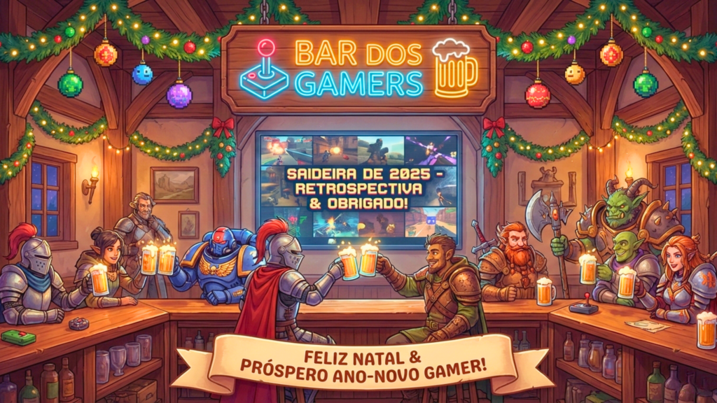 Ilustração de um brinde com canecas de estilo medieval em um balcão de taverna gamer, com luzes de Natal ao fundo e o texto Retrospectiva 2025 Bar dos Gamers.