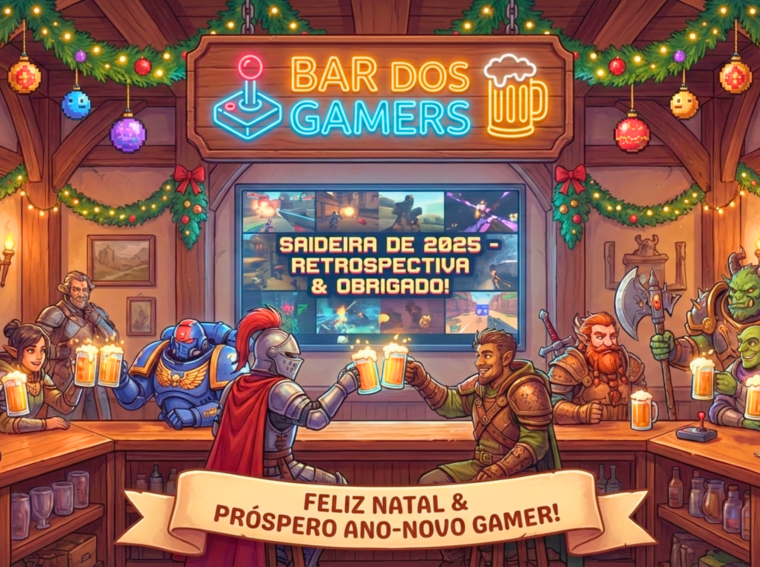 Ilustração de um brinde com canecas de estilo medieval em um balcão de taverna gamer, com luzes de Natal ao fundo e o texto Retrospectiva 2025 Bar dos Gamers.