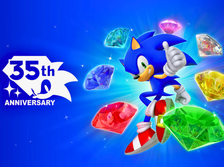 Logotipo oficial da celebração de 35 anos do Sonic the Hedgehog, com o personagem em pose clássica e o número 35 em destaque.