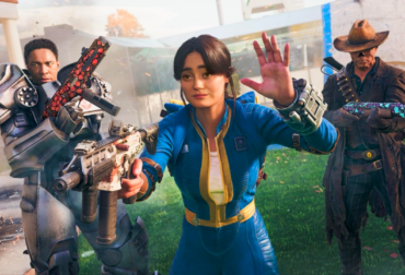 Operador de Call of Duty: Black Ops 7 utilizando a icônica armadura Power Armor de Fallout em um cenário de guerra urbana.