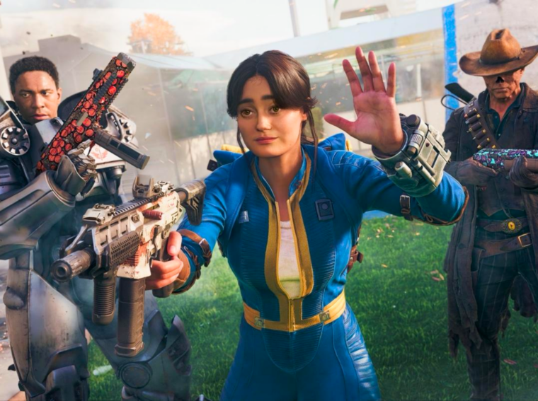 Operador de Call of Duty: Black Ops 7 utilizando a icônica armadura Power Armor de Fallout em um cenário de guerra urbana.