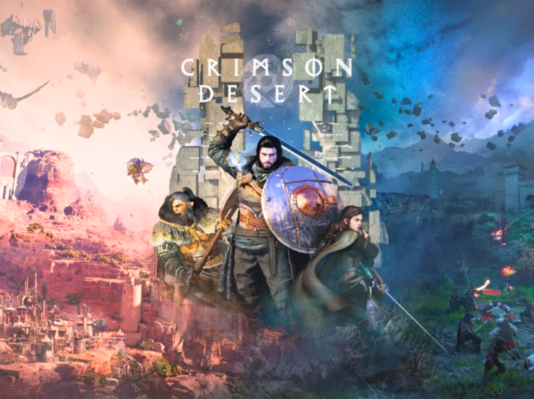 O protagonista Kliff empunhando sua espada em uma colina de Pywel, observando o horizonte vasto de Crimson Desert sob um céu nublado.