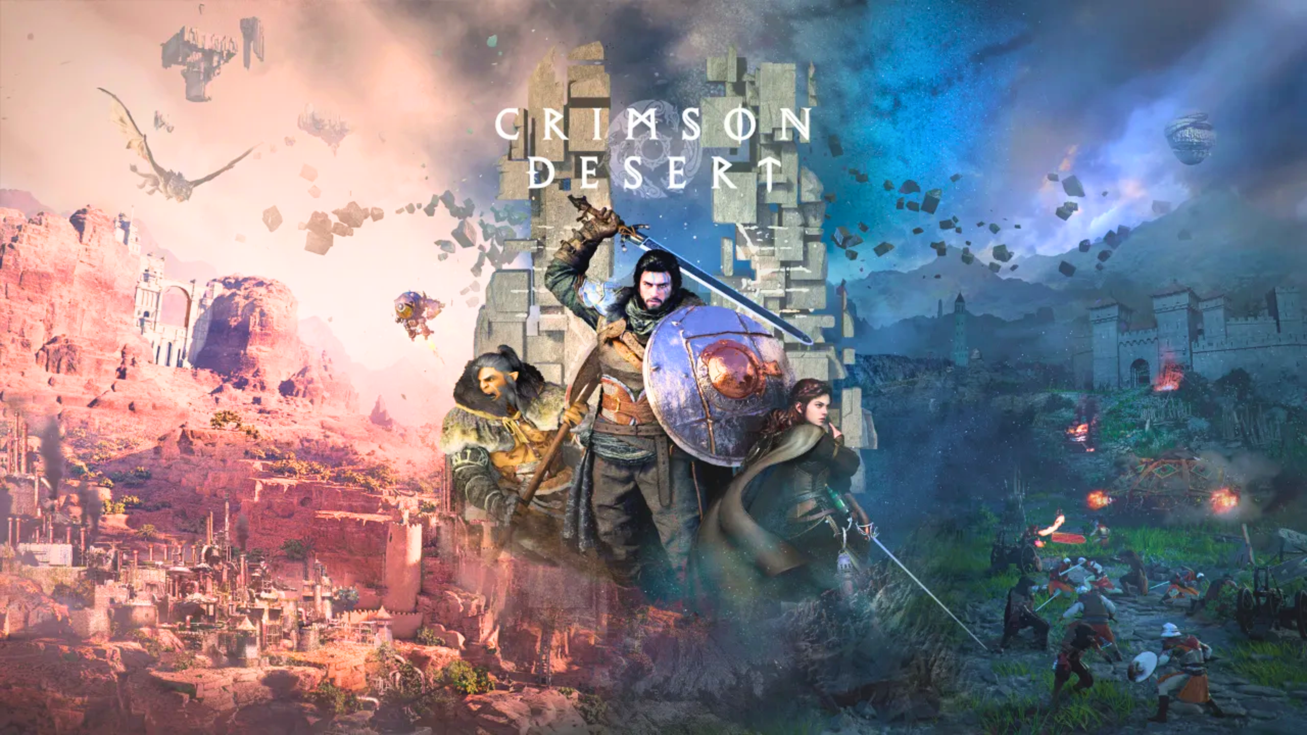 O protagonista Kliff empunhando sua espada em uma colina de Pywel, observando o horizonte vasto de Crimson Desert sob um céu nublado.