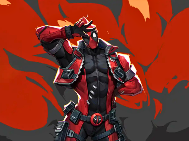 Arte promocional de Deadpool na 6ª temporada de Marvel Rivals, destacando o novo herói de tripla função.