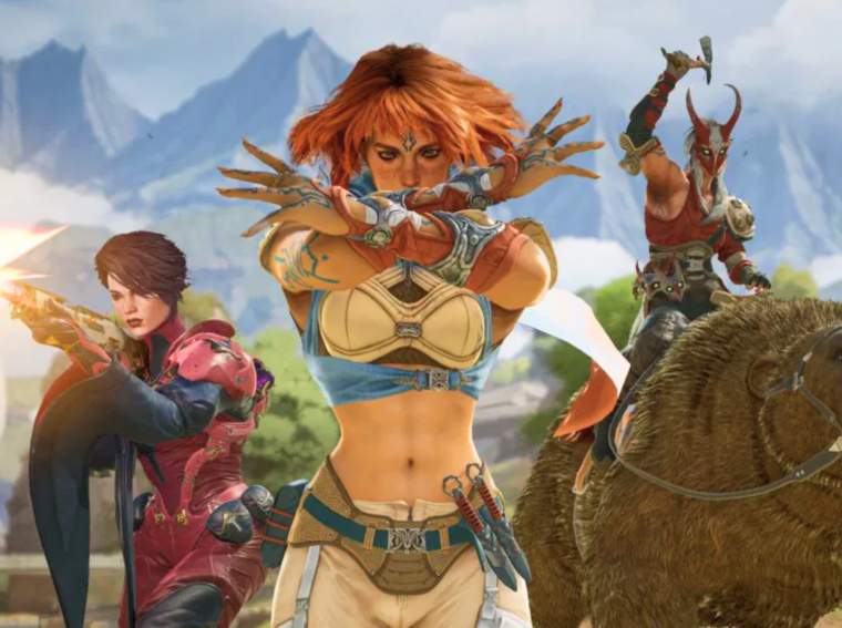 Três Wardens de Highguard em formação de equipe, destacando diferentes armaduras e habilidades arcanas em um ambiente de mundo aberto.