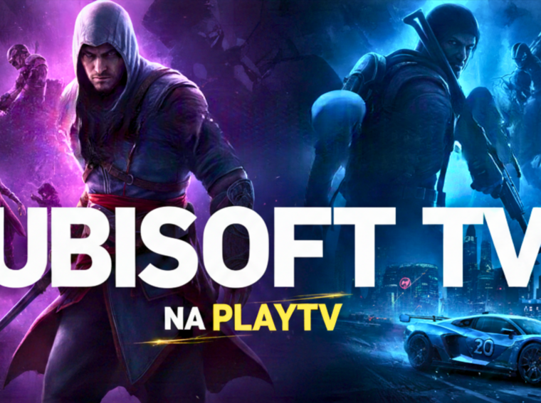 Logotipos da PlayTV e Ubisoft em destaque sobre fundo temático de games, anunciando nova parceria de conteúdo.
