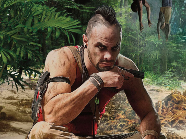 Montagem com Vaas de Far Cry 3, o protagonista de Blood Dragon e Takkar de Far Cry Primal com o selo de 60 FPS para PS5 e Xbox Series.
