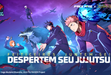 Captura de tela do personagem Yuuji Itadori dentro do jogo Free Fire usando sua farda característica da Escola de Jujutsu.