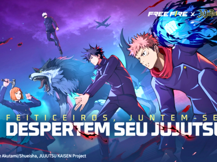 Captura de tela do personagem Yuuji Itadori dentro do jogo Free Fire usando sua farda característica da Escola de Jujutsu.