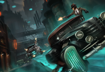 Arte oficial do jogo Aether & Iron mostrando a protagonista Gia e carros retrô flutuantes em uma Nova York vertical no estilo Art Déco.