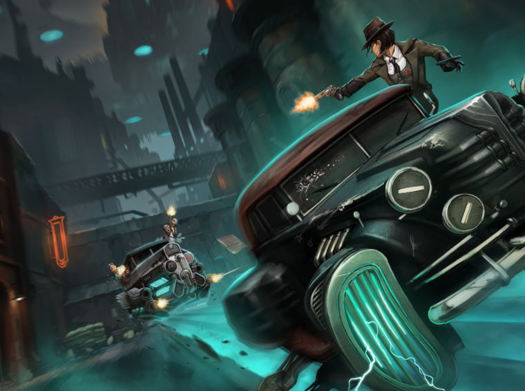 Arte oficial do jogo Aether & Iron mostrando a protagonista Gia e carros retrô flutuantes em uma Nova York vertical no estilo Art Déco.