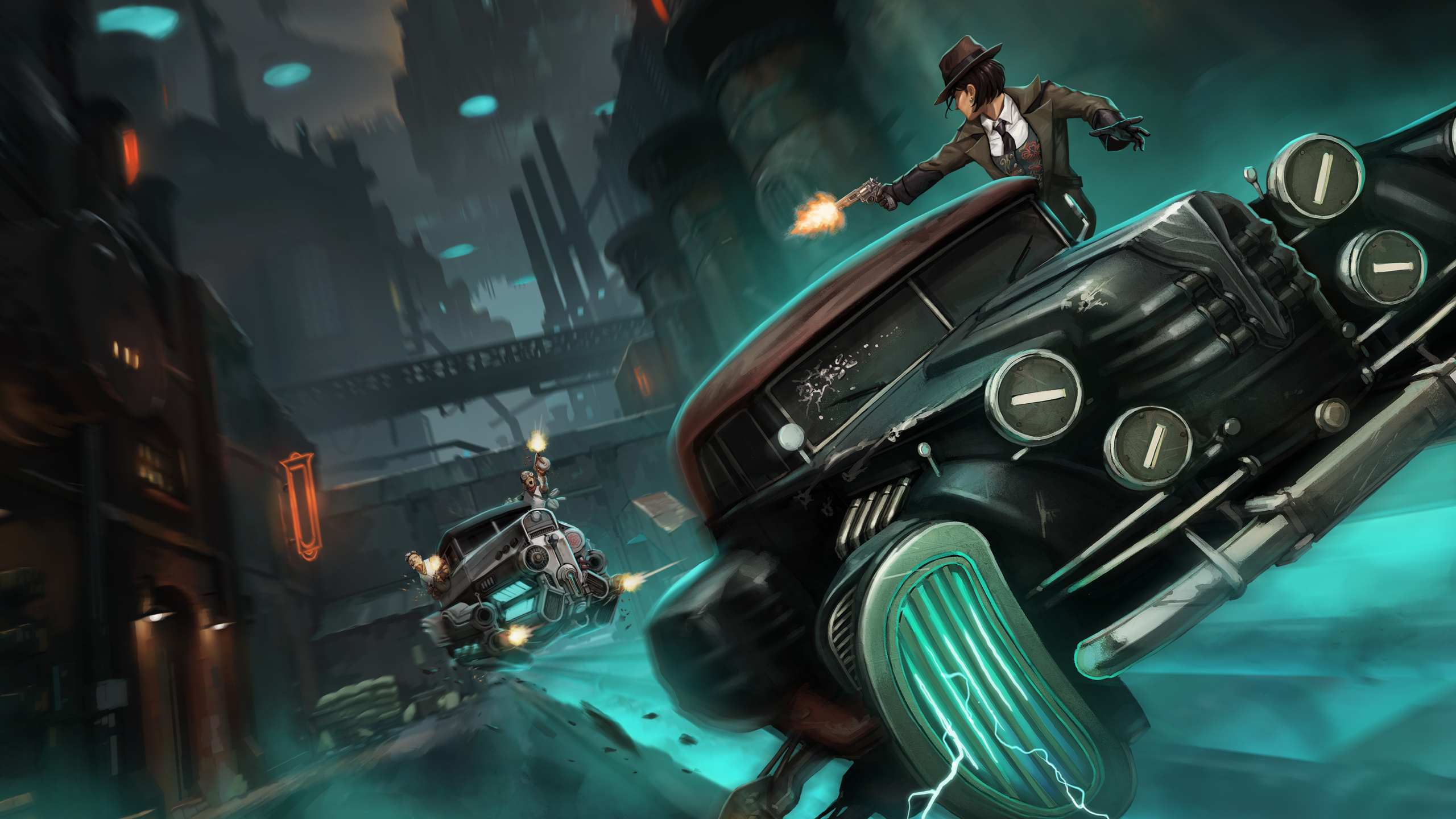 Arte oficial do jogo Aether & Iron mostrando a protagonista Gia e carros retrô flutuantes em uma Nova York vertical no estilo Art Déco.