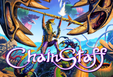 Arte oficial de ChainStaff mostrando o mutante protagonista usando a lança contra alienígenas em um cenário de ficção científica dos anos 80.