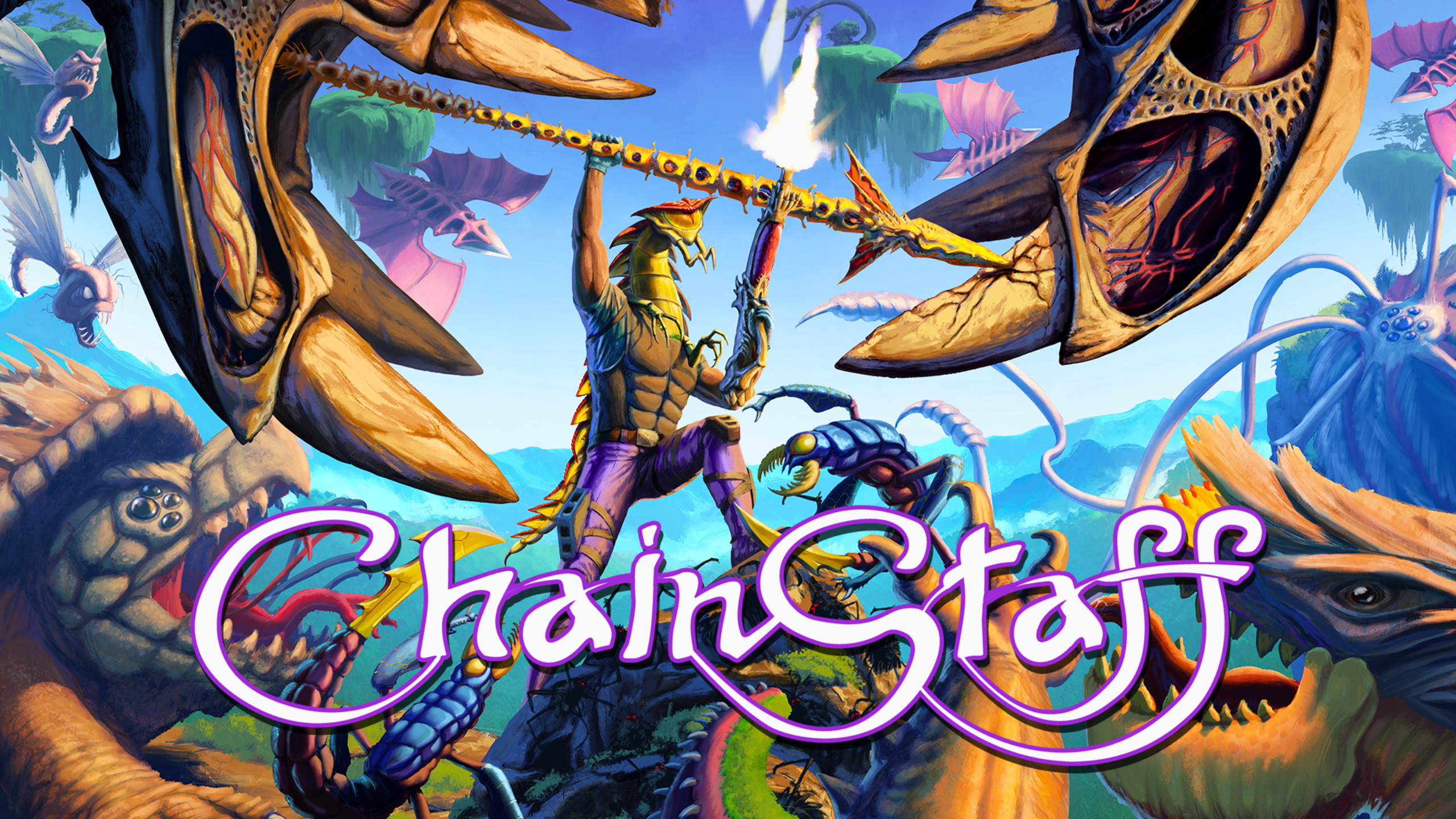 Arte oficial de ChainStaff mostrando o mutante protagonista usando a lança contra alienígenas em um cenário de ficção científica dos anos 80.