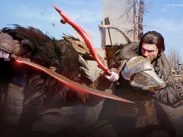 Cena de gameplay de Crimson Desert mostrando combate fluido.