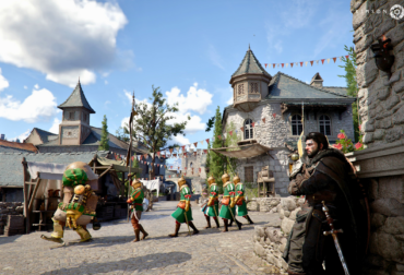 Visão panorâmica do mundo aberto de Crimson Desert mostrando as paisagens de Pywel e o protagonista Kliff ao pôr do sol.