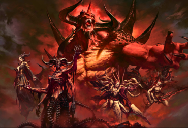 Arte promocional do 30º aniversário de Diablo mostrando o novo Bruxo cercado por chamas infernais.