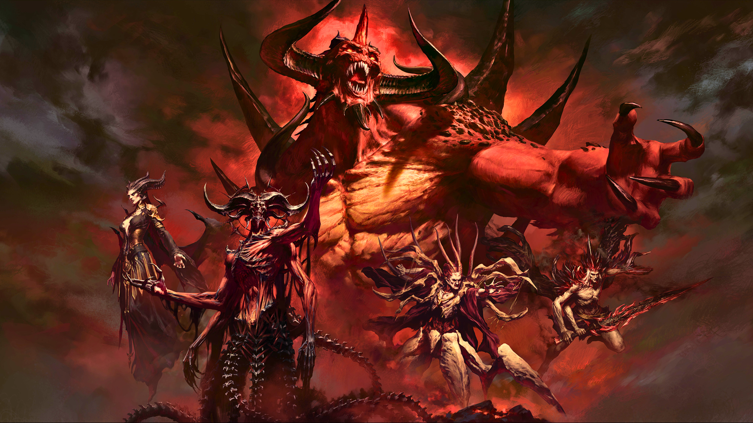 Arte promocional do 30º aniversário de Diablo mostrando o novo Bruxo cercado por chamas infernais.