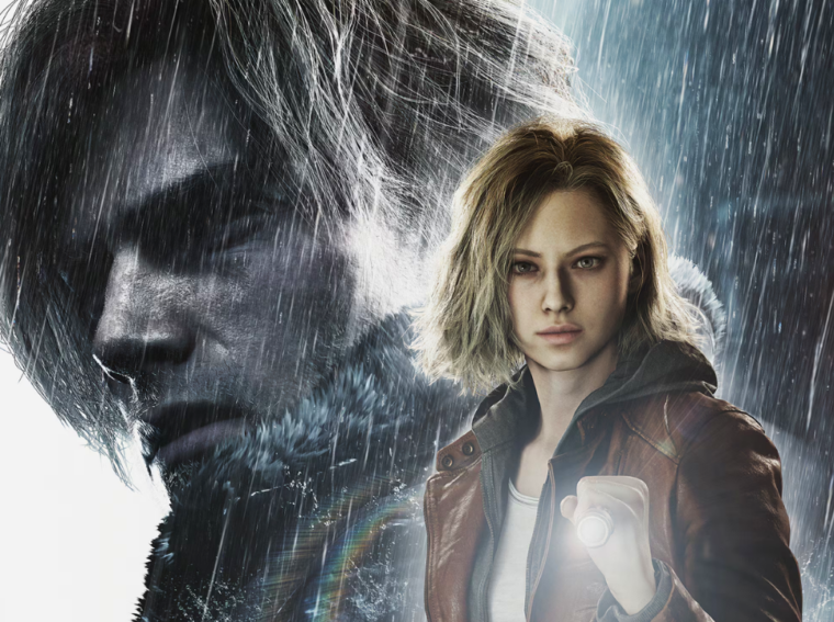 Personagens Leon e Grace de Resident Evil Requiem em um cenário sombrio do Care Center, segurando armas e lanternas.