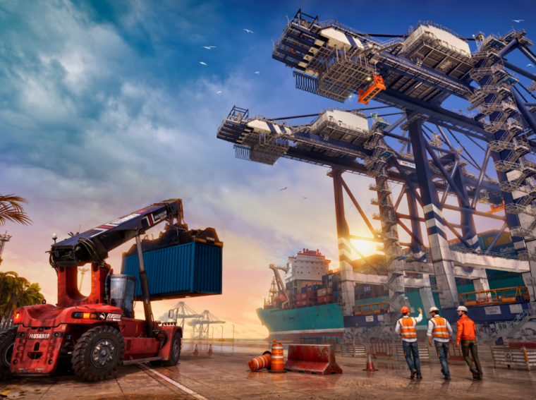 Arte oficial do jogo Docked mostrando um porto movimentado com contêineres coloridos e um guindaste STS operando sob o pôr do sol.