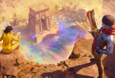 Arte promocional do evento Tesouro Perdido no Free Fire mostrando personagens exploradores em um cenário de deserto com pirâmides ao fundo.