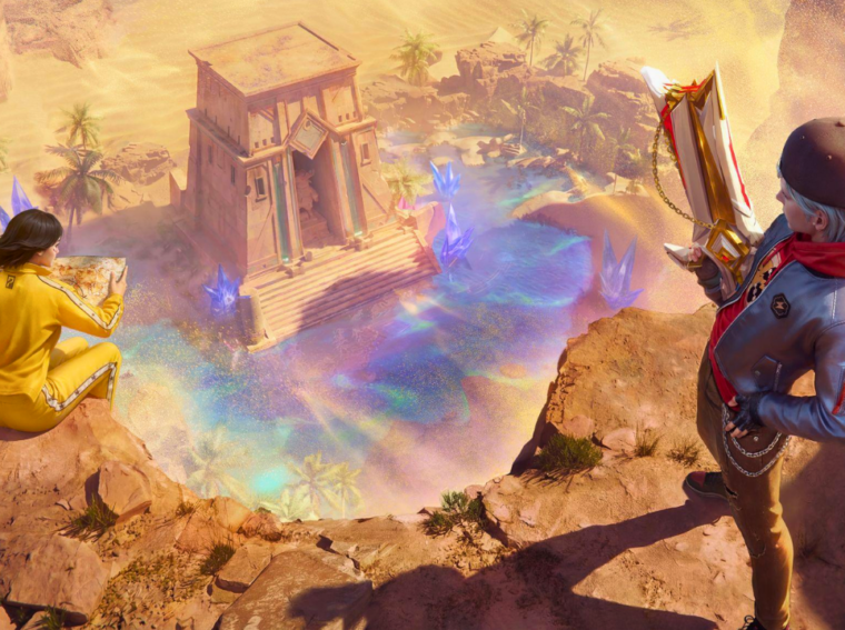 Arte promocional do evento Tesouro Perdido no Free Fire mostrando personagens exploradores em um cenário de deserto com pirâmides ao fundo.