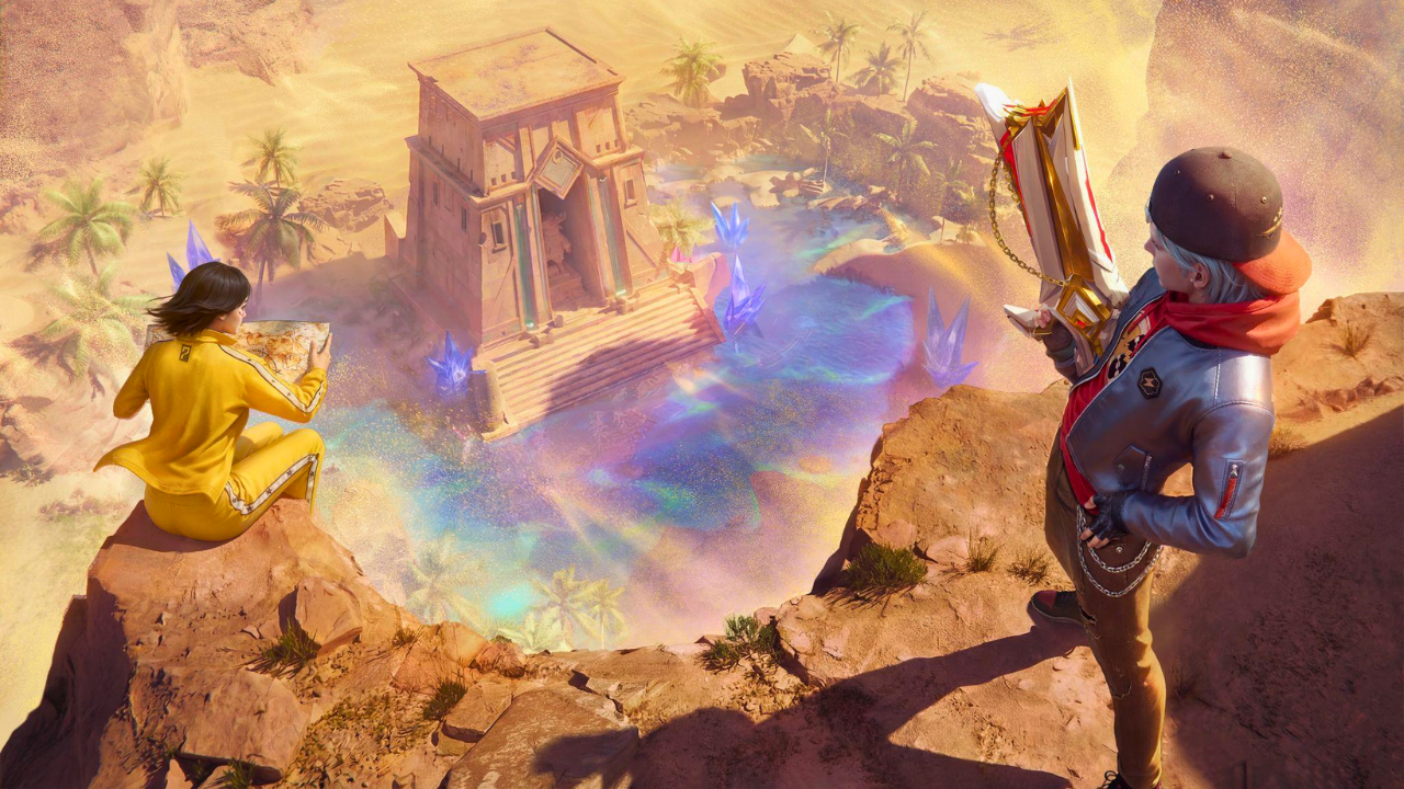 Arte promocional do evento Tesouro Perdido no Free Fire mostrando personagens exploradores em um cenário de deserto com pirâmides ao fundo.