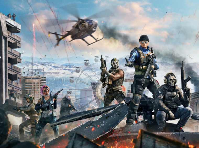 Operadores de Call of Duty Warzone observando a Prisão Central em Rebirth Island durante a Temporada 2, com foco nas mudanças topográficas do terreno.