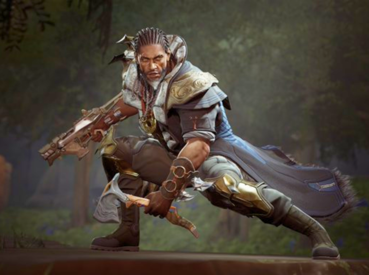 O novo Sentinela Ekon em sua forma humana e transformada em Lobo-terrível no jogo Highguard.