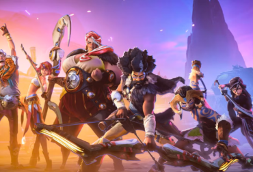 Arte oficial de Horizon Hunters Gathering mostrando três caçadores em estilo visual vibrante enfrentando máquinas robóticas em um cenário naturalista.