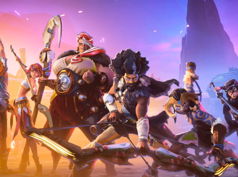 Arte oficial de Horizon Hunters Gathering mostrando três caçadores em estilo visual vibrante enfrentando máquinas robóticas em um cenário naturalista.