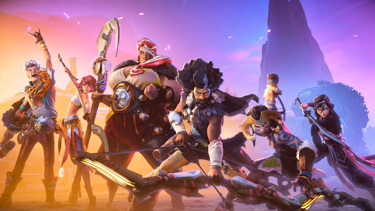 Arte oficial de Horizon Hunters Gathering mostrando três caçadores em estilo visual vibrante enfrentando máquinas robóticas em um cenário naturalista.