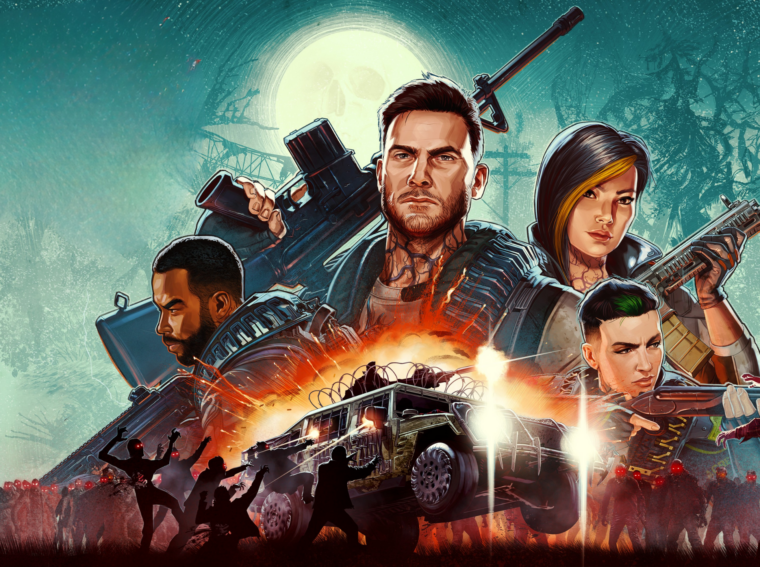 Arte principal de John Carpenter’s Toxic Commando destacando o estilo visual de filme de terror dos anos 80 e o logotipo do jogo.