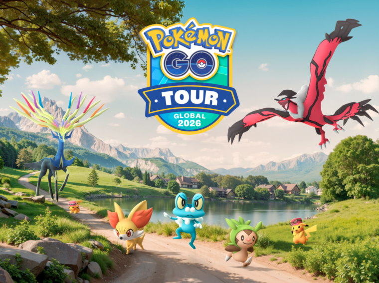 Arte oficial do evento Pokémon GO Tour Kalos mostrando os lendários Xerneas e Yveltal sobrevoando o parque Quinta da Boa Vista no Rio de Janeiro.