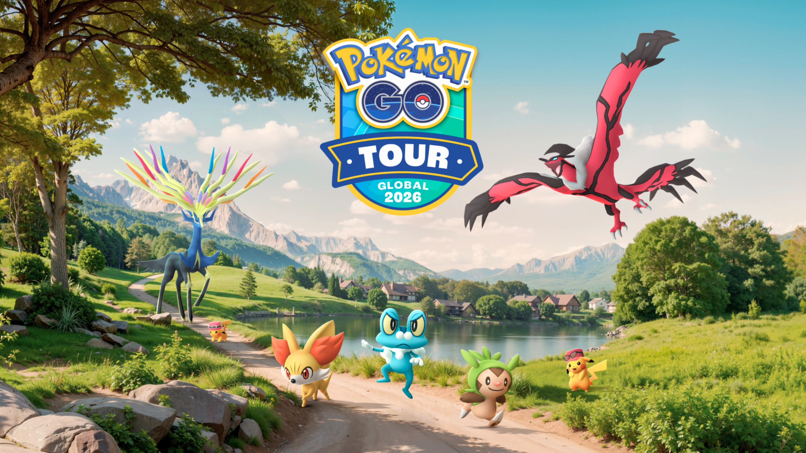 Arte oficial do evento Pokémon GO Tour Kalos mostrando os lendários Xerneas e Yveltal sobrevoando o parque Quinta da Boa Vista no Rio de Janeiro.
