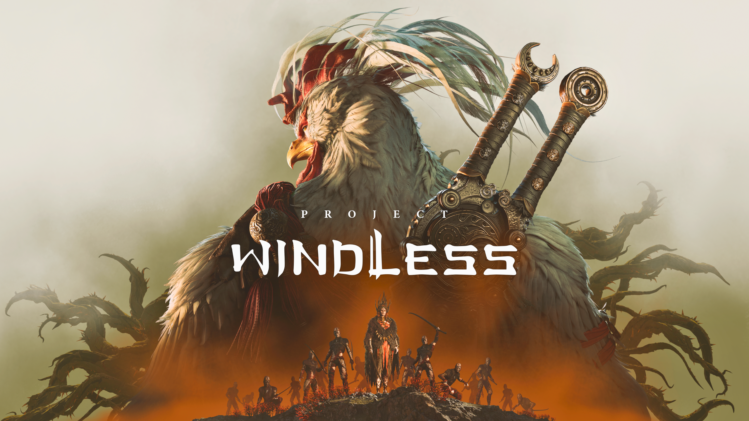 Logotipo oficial de Project Windless sobre arte conceitual de um mundo místico inspirado em The Bird That Drinks Tears.