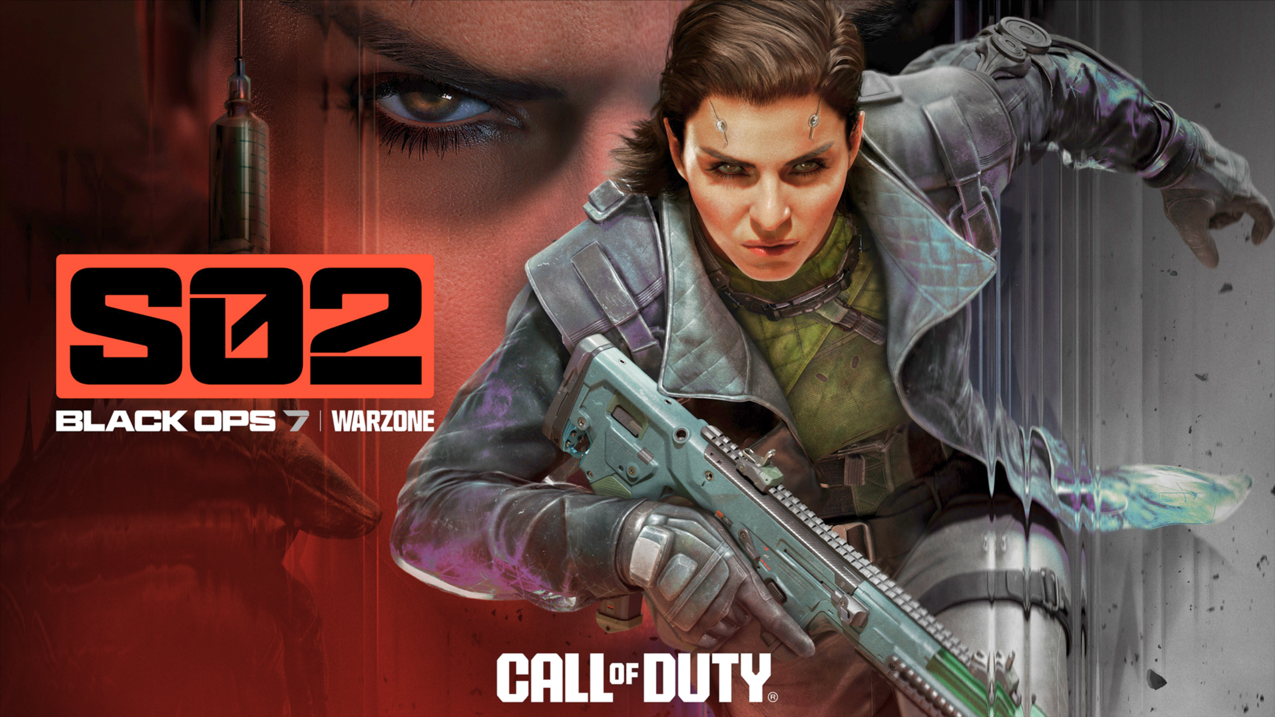 Arte oficial da Temporada 2 de Call of Duty: Black Ops 7 e Warzone mostrando novos operadores e o mapa Rebirth Island coberto de neve.