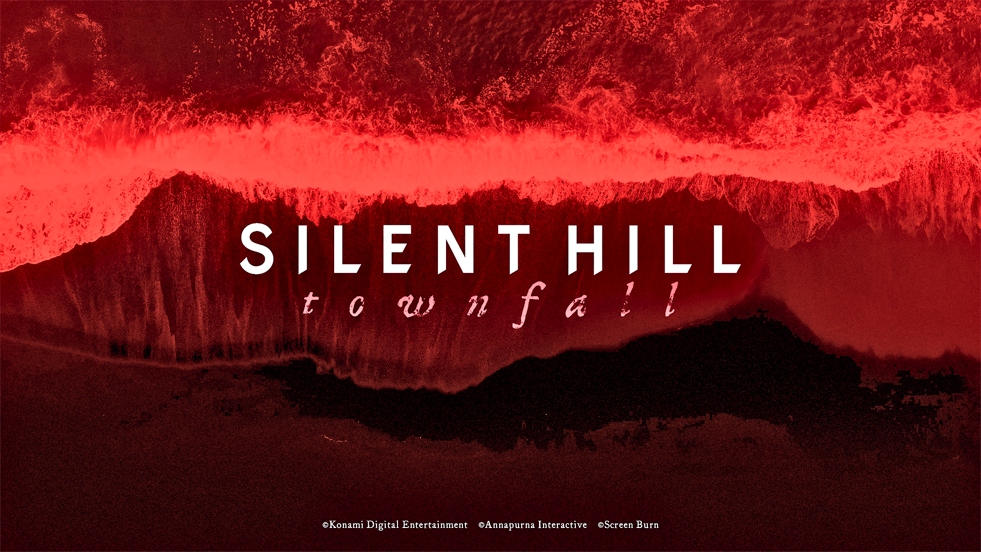 Logo oficial de SILENT HILL: Townfall sobreposto a uma imagem enigmática de uma ilha abandonada.