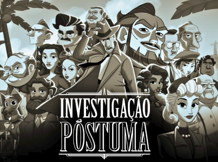 Personagem Brás Cubas em estilo artístico sombrio, representando o universo literário de Machado de Assis no videogame.